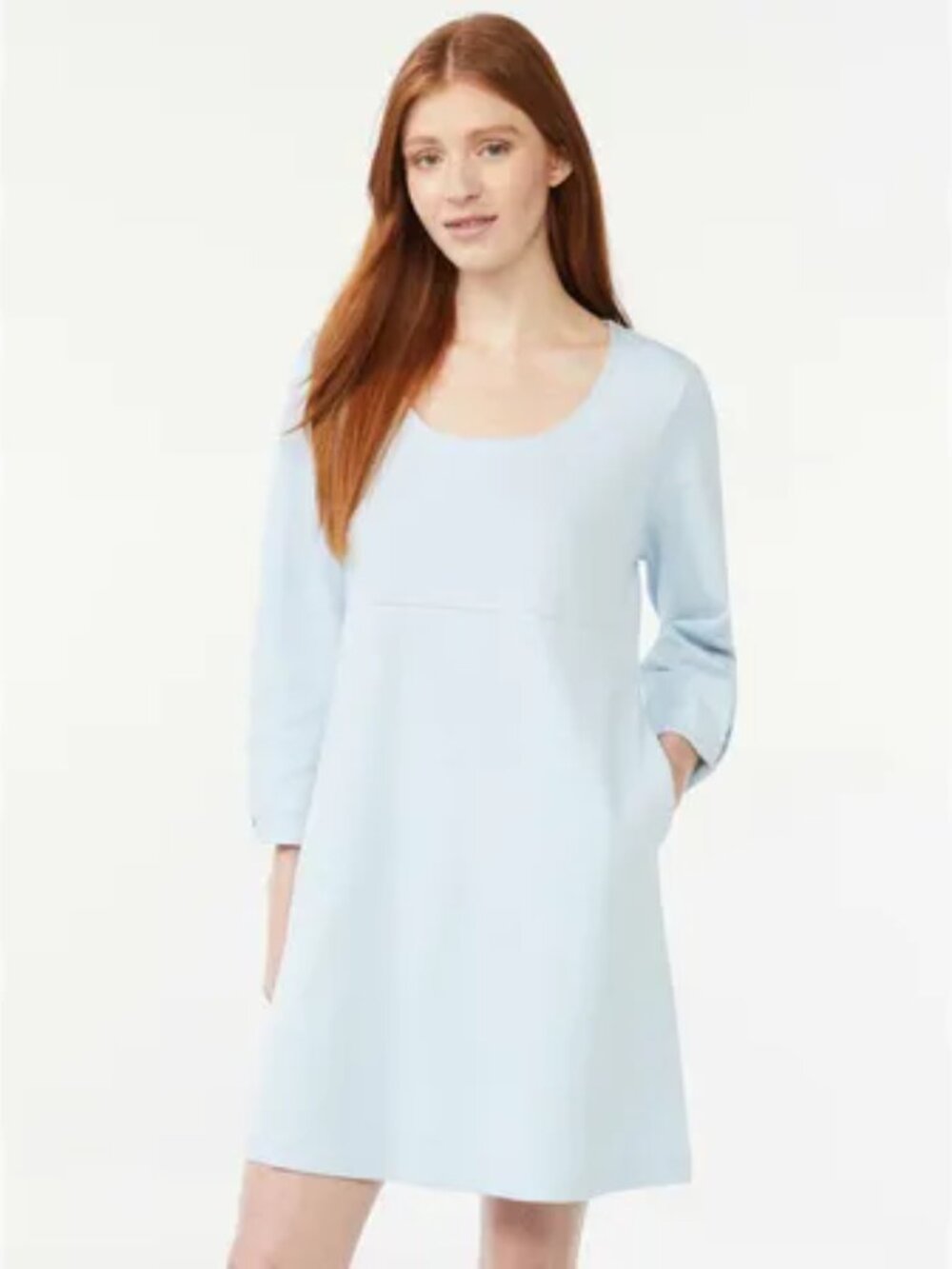 FREE ASSEMBLY Women's Pleated U Neck Mini Dress, Light Blue, Size Medium